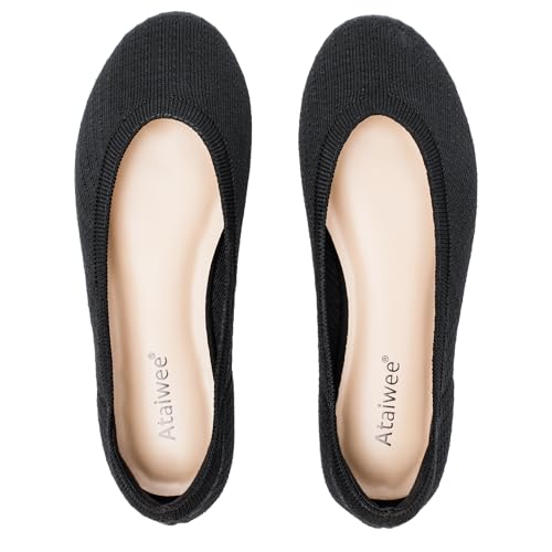 Ataiwee Women's Wide Width Flat Shoes, Casual Breathable Plus Size Round Toe Soft Sole Slip on Ballet Flats.(1910012-7,BK/02,6 Wide)