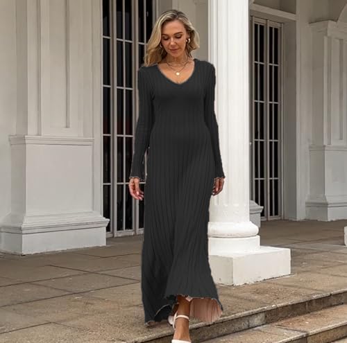 Image of RanRui Womens Winter Fall Pleated Knitted Fit and Flare Long Sleeve Sweater Dress