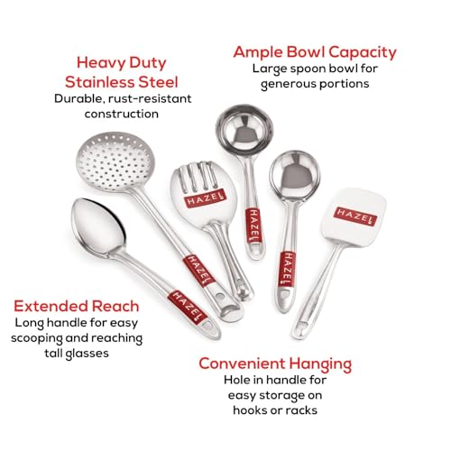Image of HAZEL Stainless Steel Kitchen Tools Set of 6 - Diwali Gifts: Zara, Rice, Pastry, Ladle, Oval, and Pan Spoon for Festive Cooking