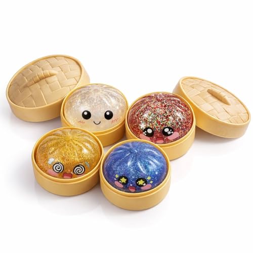 4-Pack Squishy Dumpling Bun Stress Balls - Glitter Colors Fidget Sensory Toys with Kawaii Face for ADHD - Slow Rising Squeeze Stress Reliever for Adults