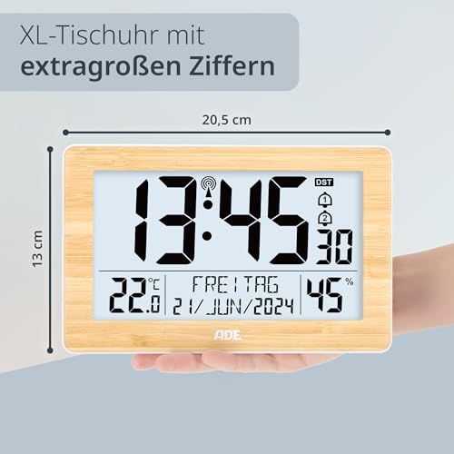 ADE Digitale XL-Funkuhr mit sehr großen Ziffern | Tischuhr mit 2 Weckzeiten und Beleuchtung | Thermometer Hygrometer | schmaler Rahmen aus echtem Bambus
