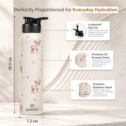 Image of Speedex Stainless Steel Printed Water Bottle 1 Ltr 1000 ml, BIS Approved, Leak Proof Sipper Cap Bottle for Office, School, Travel, Daily Use for Men, Women, Kids, Adults, Baby Deer, Set of 3