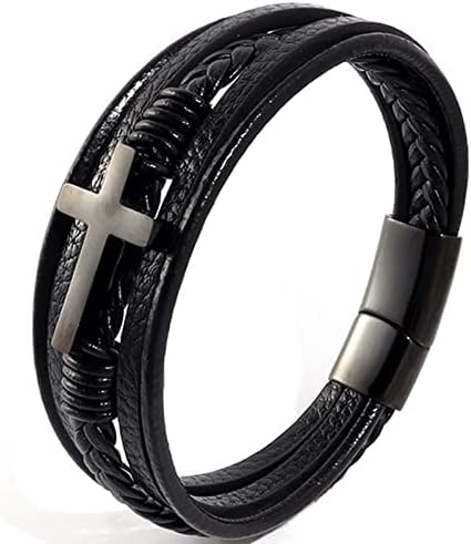 Stainless Steel Braided Leather Bracelet for Men Cuff Bangle Cross Magnetic Clasp 8.26 inches, black