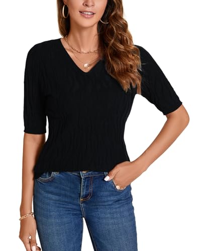 Image of MINTLIMIT Womens Short Sleeve Sweater Summer Pullover Shirt Tops Texture V Neck Casual Knit Tees Tops