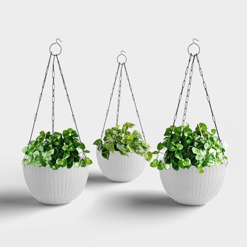 Image of YUCCABE ITALIA SHERA URO-Basket Plastic Flower Pot with Drainage Holes Round Planter Pot Suitable for Inddor Outdoor Kitchen (White, 8 INCH - 3 Pcs)