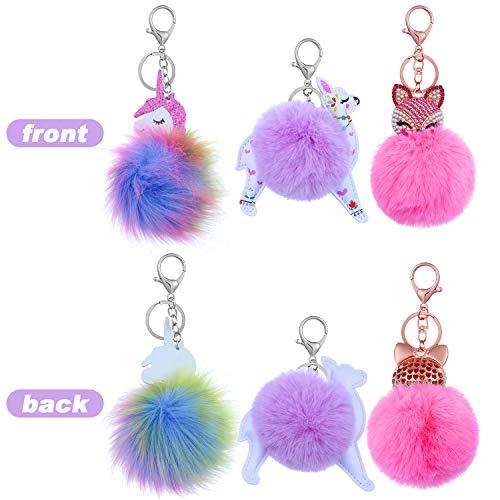 Willbond 3 Pieces Cute Animal Unicorn Pom Pom Keychain Faux Fluffy Key Ring For Women Girls (Fox Alpaca Unicorn Style) #TOP1