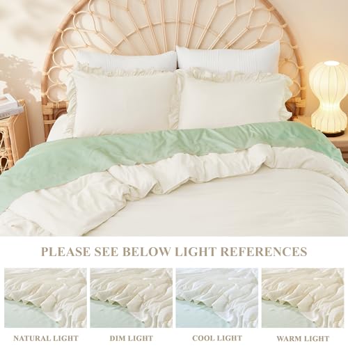 Image of Litanika Full Comforter Set Ivory, 3 Pieces Beige Ruffle Farmhouse Aesthetic Bedding Comforter Set, Lightweight Fluffy Microfiber Bed Set (79x90In Comforter, 2 Pillowcases)
