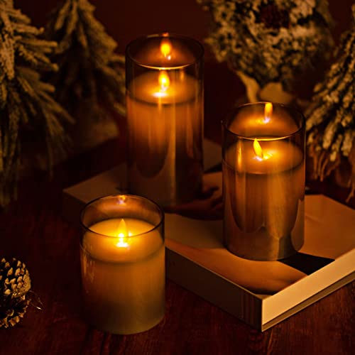 Flameless Candles LED Flickering Fake Candle for Room Decor Home Decorative Battery Operated Remote Control Grey Glass 3 Pack