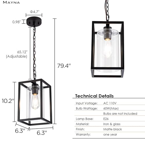 Image of MAYNA 1-Light Farmhouse Pendant Light, Black Metal Cage Light Fixtures with Adjustable Chain and Glass Shade,Hanging Lights for Kitchen Island,Porch,Hallway