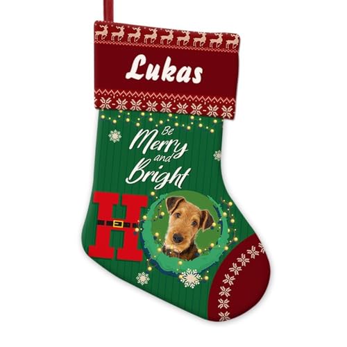 GABSHAIM Ho with Airedale Terrier Dog Christmas Stockings Custom Be Merry and Bright Stockings Lights String Reindeer Snowflake Decor 14.4