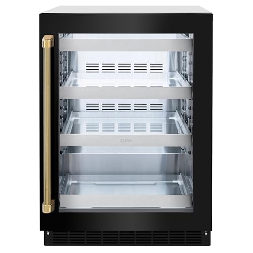 Image of ZLINE Autograph Edition 24 in. Touchstone 151 Can Beverage Fridge with Black Stainless Steel Glass Door and Polished Gold Helix Handle (RBSOZ-BS-24-KG)