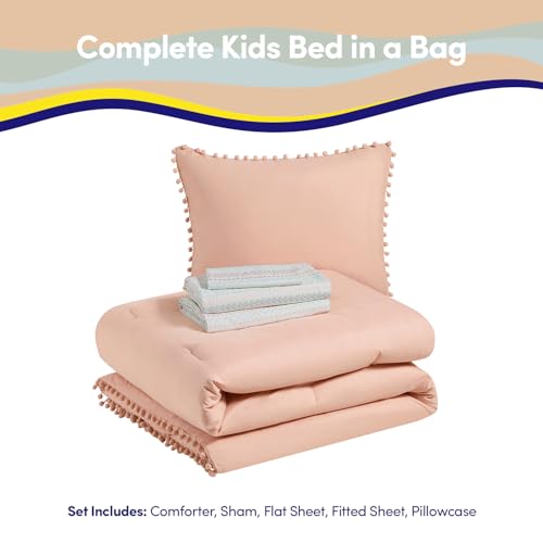 Image of Kids Comforter Set Twin Size - Bed in a Bag with Sheets, Pillowcases & Shams - Soft Stylish Pom Pom Bedding - All Season Girls Bed Set