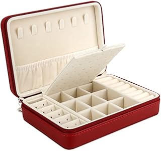 Jewellery Box Organiser, Small Faux Leather Travel Jewelry Case with Zippers, Jewelry Organiser Storage for Rings Earrings Necklace Bracelets, Red
