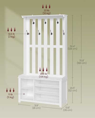 Image of VASAGLE Hall Tree with Bench and Shoe Storage, Coat Rack with Shoe Bench, 7 Double Hooks for Jackets, Hats, Entryway, Bedroom, Living Room, 13.8 x 31.9 x 70.9 Inches, Matte White UHSR414WB01S