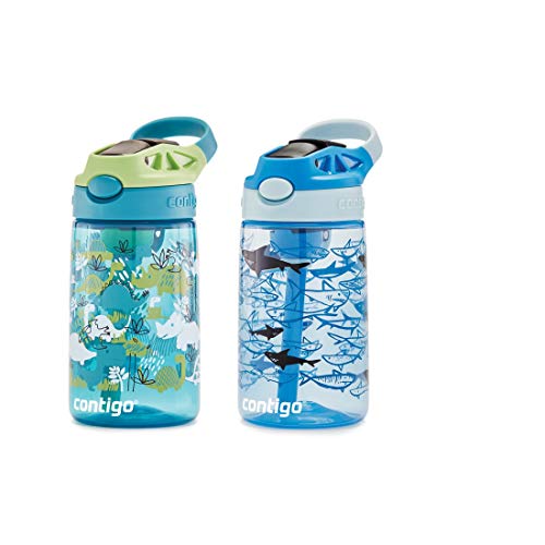 Contigo Aubrey Kids Water Bottle, 2-Pack, 14oz, Dinos & Sharks, Spill-Proof Lid, Dishwasher Safe, Blue & Green - Image 4