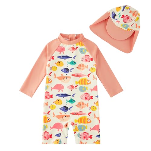Image of upandfast Baby/Toddler Swimsuit UPF 50+ Sun Protection One Piece Zipper Bathing Suit with Sun Hat Infant Beach Swimwear