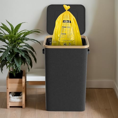Vireon Gelber Sack Ständer Mülleimer mit Deckel Müllsackständer Müllsackhalter für Küche & Haushalt 60-120L Müllsystem Behälter Schwarz aus Oxford-Stoff und Bambus