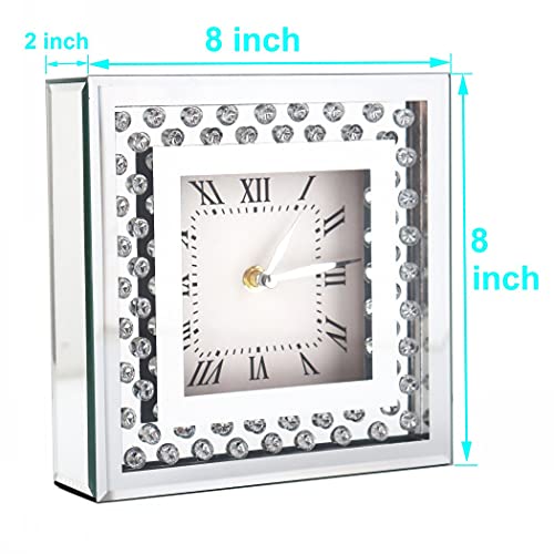 Silent Desk Clocks 8X8X2 Inch Crystal Sparkle Twinkle Bling Square Mirrored Table Top Decorative Clock With Diamond For Home Decoration Silver Mirror Home Decor. Aa Battery Is Not Included. #TOP5
