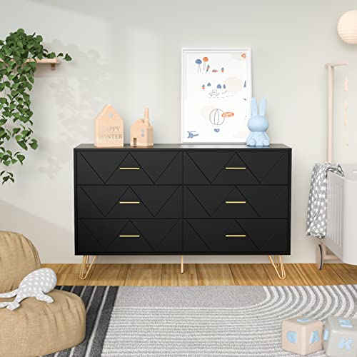 Jozzby Black Dresser, 6 Drawer Wood Dresser For Bedroom With Storage, Modern Black And Gold Dressers & Chests Of Drawers #TOP4