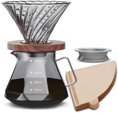 ESTVLB コーヒーサーバー 耐熱ガラス 木製ホルダー コーヒードリッパー 400ml 目盛付き 1~2人用 コーヒー ドリップ 器具 コーヒー ドリップ道具 フタ付き ハンドドリップコーヒーサーバー コーヒードリップセット 喫茶店 カフェ