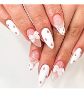 French Tip Press on Nails Almond Medium Full Cover White Fake Nails with Strawberry Designs Reusa...