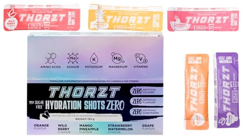 Thorzt Sugar Free Hydration Shot Zero Natural - Pack of 50 Sachets - Electrolyte (MIXED FLAVOURS) - Mango Pineapple - Grape - Orange - Strawberry Watermelon - Wild Berry