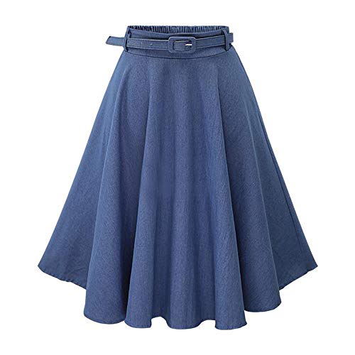 Women's Girls Elasic Waist Flared Denim Skirt Pleated Midi A-line Skirt Solid Color