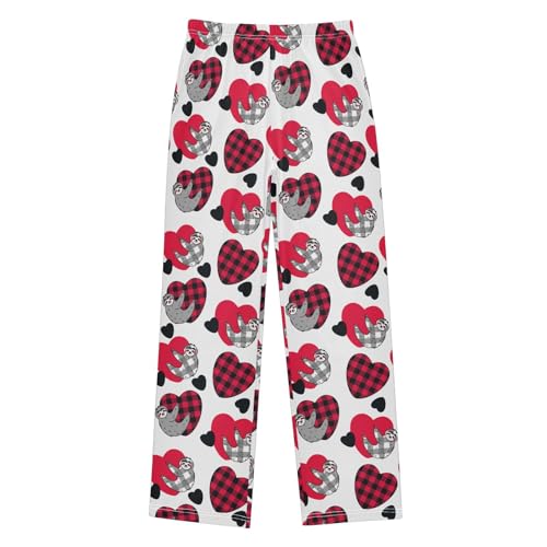 Sloth Plaid Print Love Heart Boys Long Pants Soft Trousers Elastic Waist Kids Lounge Bottoms with Pockets S-XL