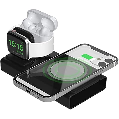 3 in 1 Aluminum Charging Stand for MagSafe Compatible with Apple Watch/iPhone 14/13/12/Pro/Max,Charging Dock Station for iWatch 8/7/SE/6/5/4/3/2/Airpods Pro/1/2/3,Nightstand Mode-Cables NOT Included Cover