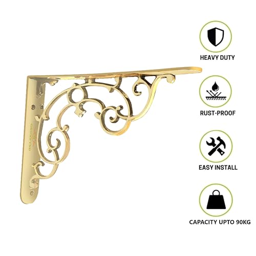 Image of Metal Handcrafted Shelf Bracket for Floating Shelves, L Angle Decorative L Shaped Corner Brace Joint Heavy Duty Wall Mounted Shelf Supporter, Corner Brace Holder | (Pack of 2 Pair, Gold)