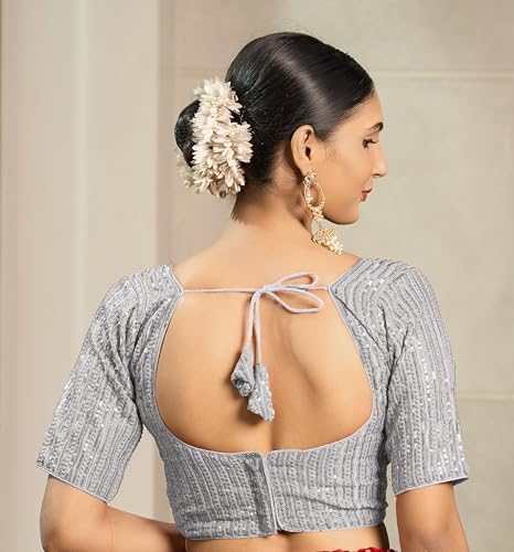 Pujia Mills Women's Indian Ethnic Wear Designer Silver Sequence with Matching Embroidered Work Deep V Neck Half Sleeve Readymade Padded Saree Blouse Readymade Unique Color Saree Blouse