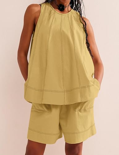 Image of Women 2 Piece Outfits Flowy Sleeveless Tunic Tops Loose Shorts with Pockets Tracksuit Summer Lounge Matching Set 2025