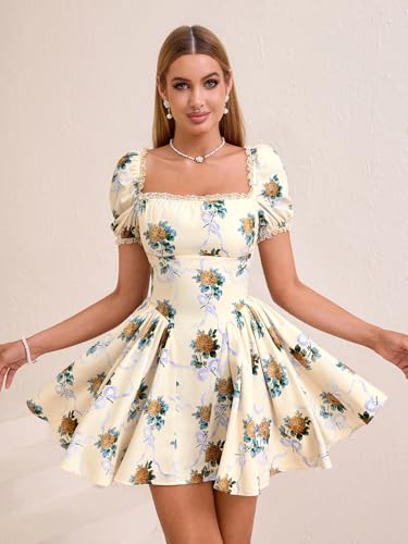Image of Parthea Women's Floral Square Neck Mini Dress Lace Puff Sleeve Off Shoulder Smocked Flowy A Line Summer Dresses for 2026