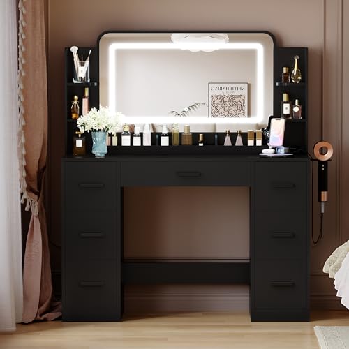 Image of Furmax Vanity Desk with Mirror with LED Light Strip, Makeup Vanity with 2 AC Outlets and1 USB&1 Type-C Port, 3 Modes Adjustable Lighting Mirror, Modern Ample Storage Drawers Dressing Table, Black