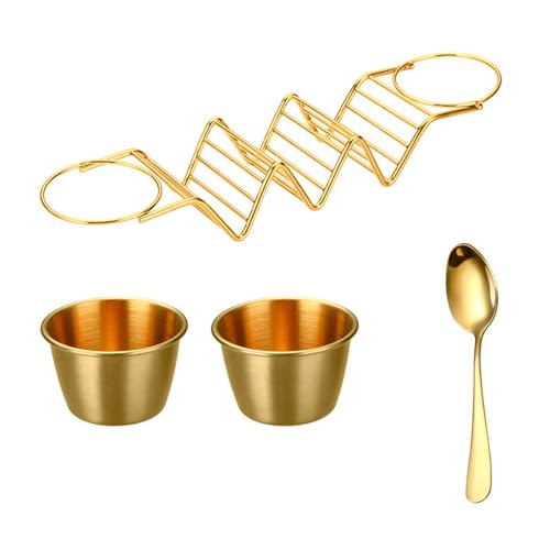 Digead Taco Holder Stand - Holds 3 Tacos with 2 Sauce Cups & Gold Spoon - Premium 304 Stainless Steel Gold-Plated - Heat Resistant & Oven/Dishwasher/Grill Safe