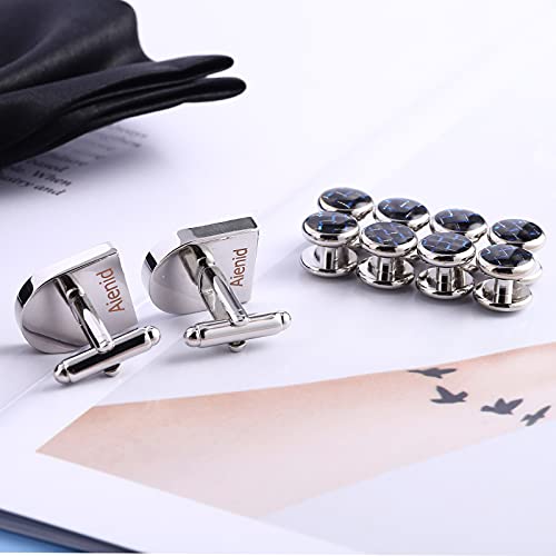 Aienid Jewelry Cufflinks Blue For Men Stainless Steel World Map Cufflinks And Studs Set Silver For Wedding #TOP1