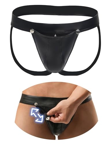 comeondear Jockstrap Hombre Cintura Baja Tanga Suspensorio Elástica Lenceria Hombre Tangas Graciosos String Thong Cómodos Talla Grande Ropa Interior con Botón a Presión Negro,L