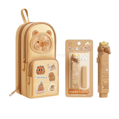 Image of Cute Capibara Pencil Pouch for Kids with Push-Pull Eraser Set | Multi-Layer Storage, Strong Zippers, Premium Polyester | School Stationery Combo Gift for Boys & Girls