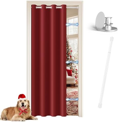 JCyh Türvorhang mit Stange und Magnetknopf, Vorhang Blickdicht mit Ösen für Wohnzimmer, Tür Vorhang innen ohne Bohren, Türvorhang Weihnachtsstern + Teleskopstange Weiß 70-128 cm