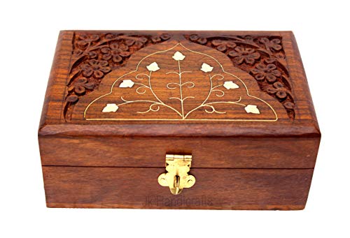 Jk Handicrafts Handmade Wooden Jewellery Box for Women Wood Jewel Organizer Hand Carved with Intricate Carvings Gift Items - 6 inches (Brown02)