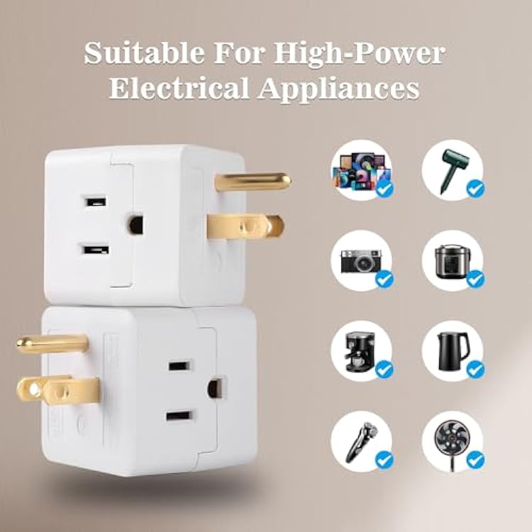 Multi Plug Wall Outlet 2-Pack,3 Prong Adapter Wall Outlet Extender, Electrical Outlet Extender, Grounded Outlet Splitter, Cube Tap 3-Way Power Plug Expander for Home and Office, White