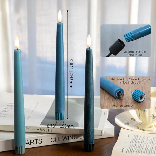 Image of Blue Flameless Taper Candles, 9.6 inch Real Wax Battery Operated Candles with Remote, 3 Pack Flickering, Gradient Candlesticks, Fake Candle for Home, Wedding, Party Decor