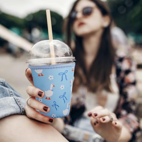 Image of Reusable Insulated Sleeve for Iced Coffee Cup, Coffee Neoprene Sleeve for Cold & Hot Drinks, Beverage Holder for Iced Coffee (Blue Geese, Medium: 22-24oz)