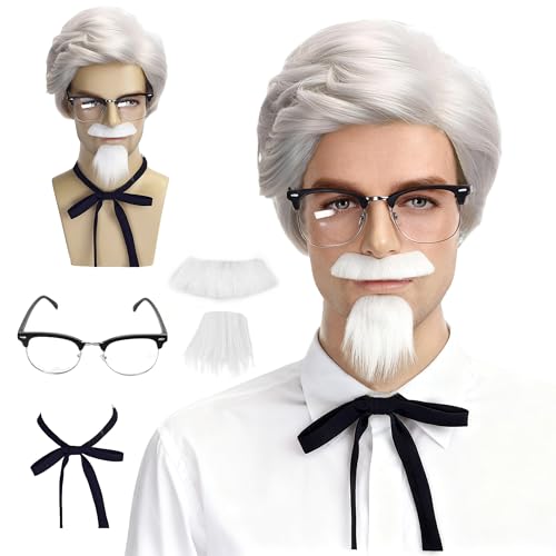 QACCF 4Pcs Fake White Beard and Mustache and Short Costume Black Bow Tie Grey Wig with Vintage Style Glasses
