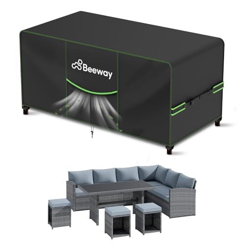 BEEWAY Garden Furniture Cover With Air Vent, Waterproof Patio Rattan Sofa Table Chair Set Cover - 420D Oxford Fabric, Windproof - 242x182x102cm