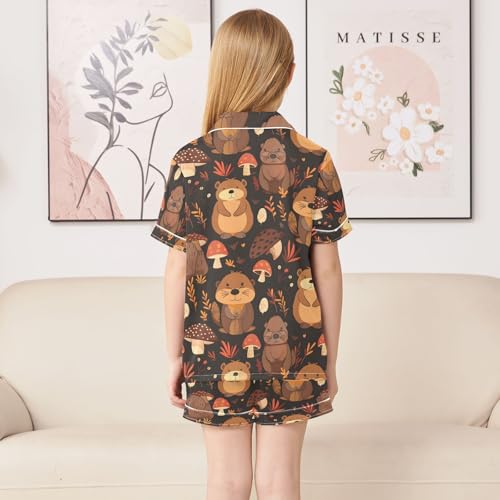 ALAZA Cute Mushroom Bear Brown Beaver Pajamas Satin Pajama Set Short Sleeve Button Down Sleepwear4