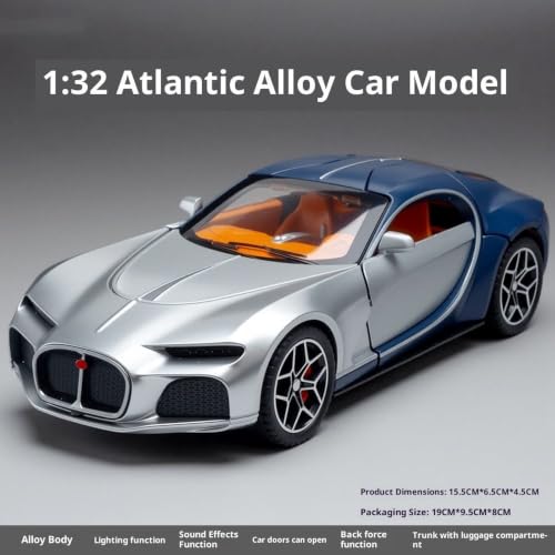 Image of 1:32 Scale Bugatti Atlantic Alloy Pickup Car Toy Metal Pull Back Diecast Car with Openable Door and Sound Light, Gifts Toys for Kids【Blue /Silver】