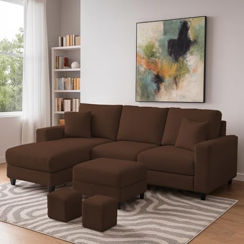 Image of Casaliving Rolando Seater L Shape Sofa Set for Living Room Left Side (Brown, 4 Seater with Ottomon - LHS)