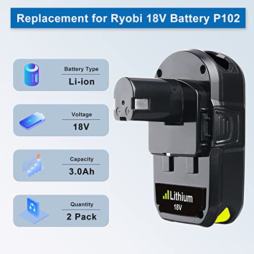 Masione 2Pack 3.0Ah P102 Battery Lithium Replacement For Ryobi 18V P102 P103 P104 P105 P107 P108 P109 Cordless Power Tools #TOP1