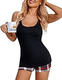 Ekouaer Womens Cami Pajama Set Sleeveless Racerback Tank Top Pjs Soft Sleepwear Black Plaid X-Large